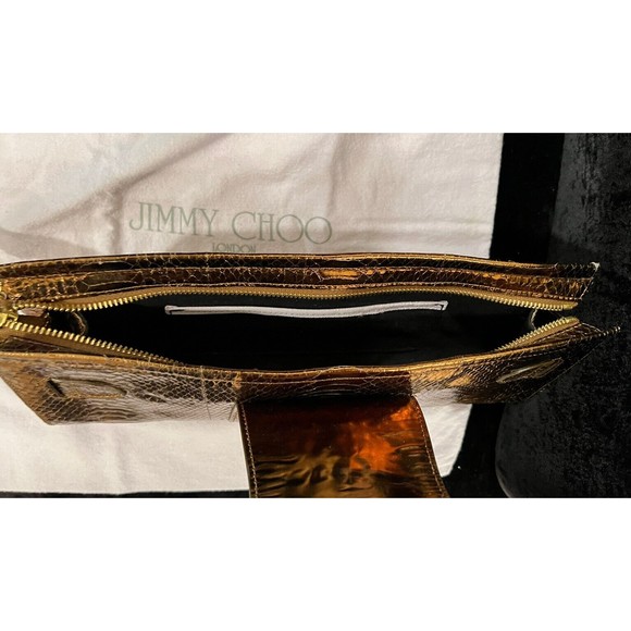 Jimmy Choo Tulita Clutch Bronze Brown Wristlet Gold Buckle Hardware Zip Closure - Picture 14 of 16